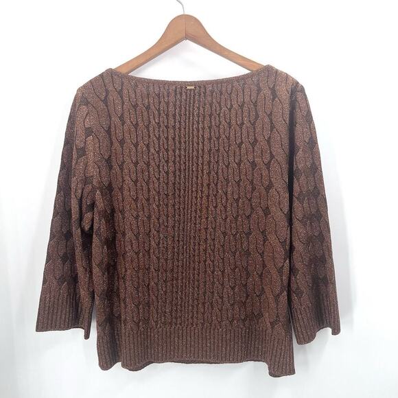 ST. JOHN Brown Bronze Metallic Cable Knit 3/4 Sleeve Womens Sweater Large - Picture 3 of 6